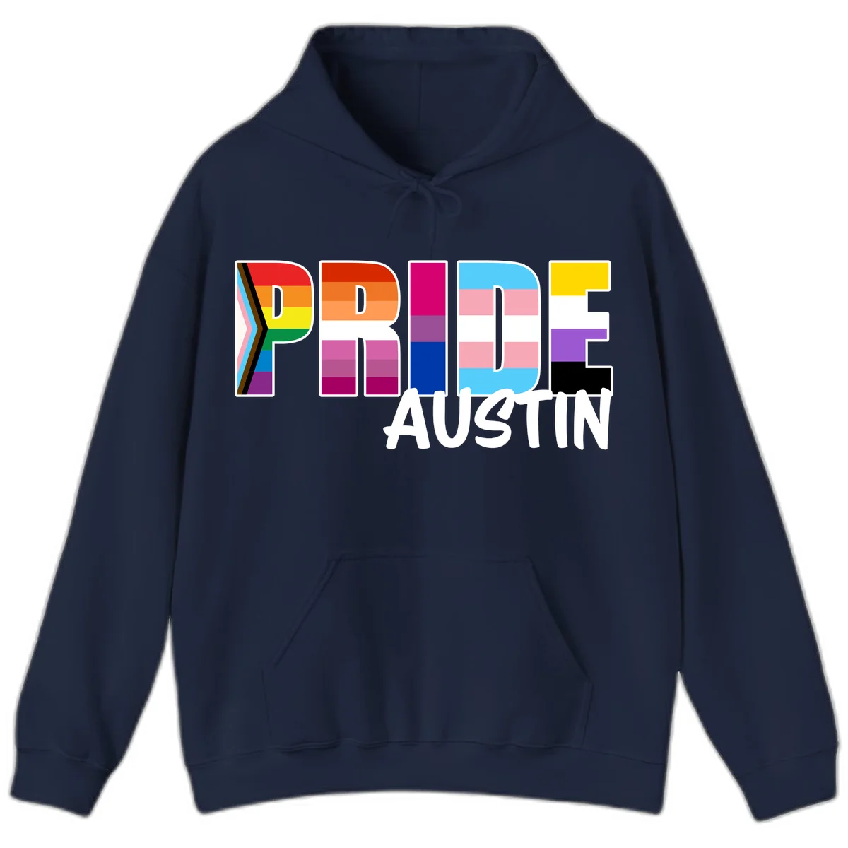 Pride Austin design with rainbow-filled block letters incorporating multiple LGBTQ+ pride flag colors and patterns in Navy