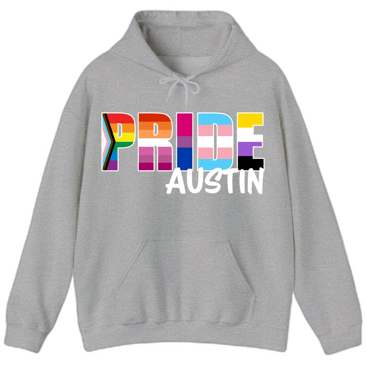 Pride Austin design with rainbow-filled block letters incorporating multiple LGBTQ+ pride flag colors and patterns in Sport Grey