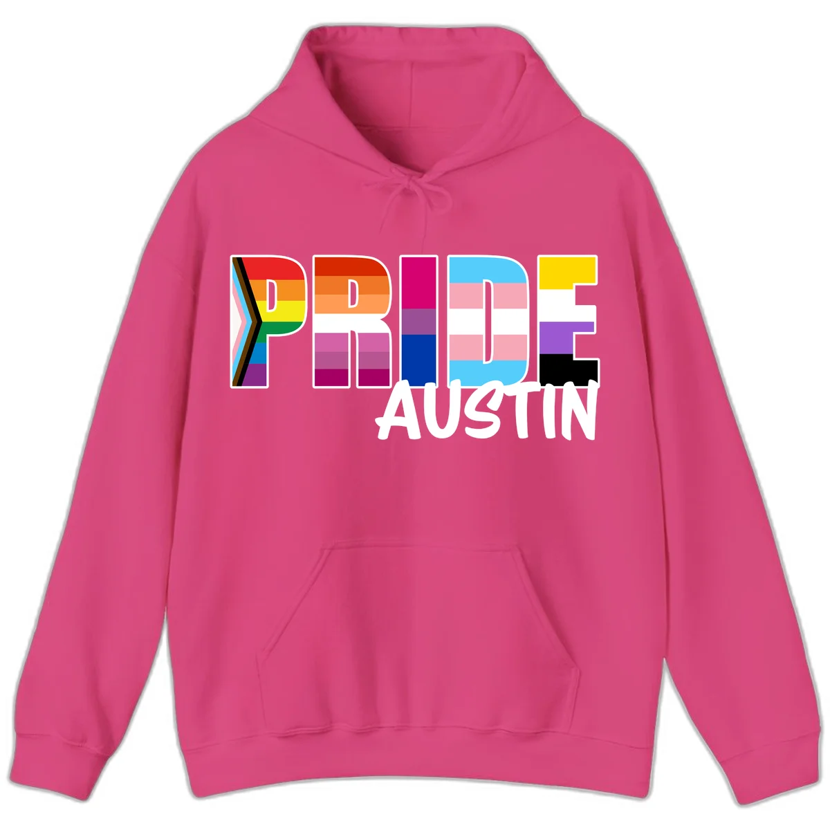 Pride Austin design with rainbow-filled block letters incorporating multiple LGBTQ+ pride flag colors and patterns in Heliconia