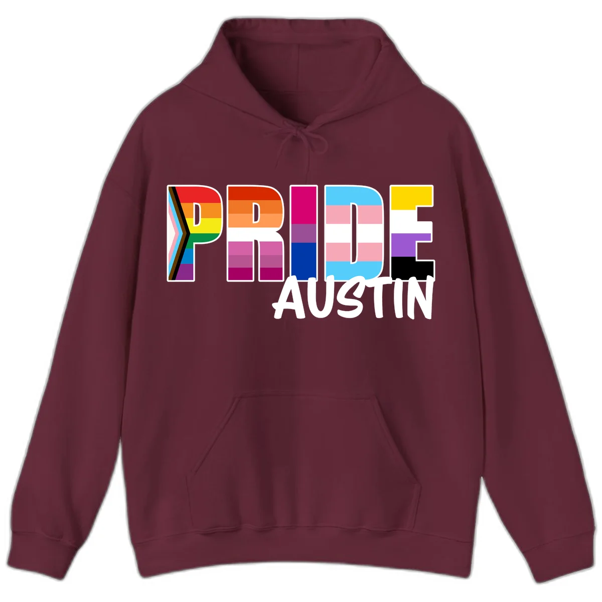 Pride Austin design with rainbow-filled block letters incorporating multiple LGBTQ+ pride flag colors and patterns in Maroon