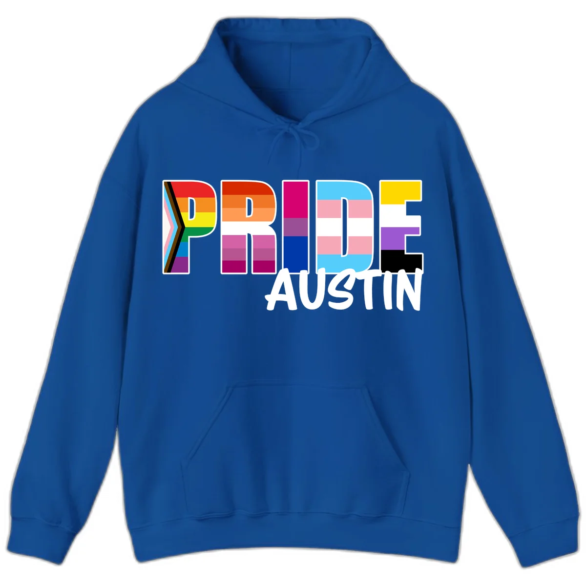 Pride Austin design with rainbow-filled block letters incorporating multiple LGBTQ+ pride flag colors and patterns in Royal