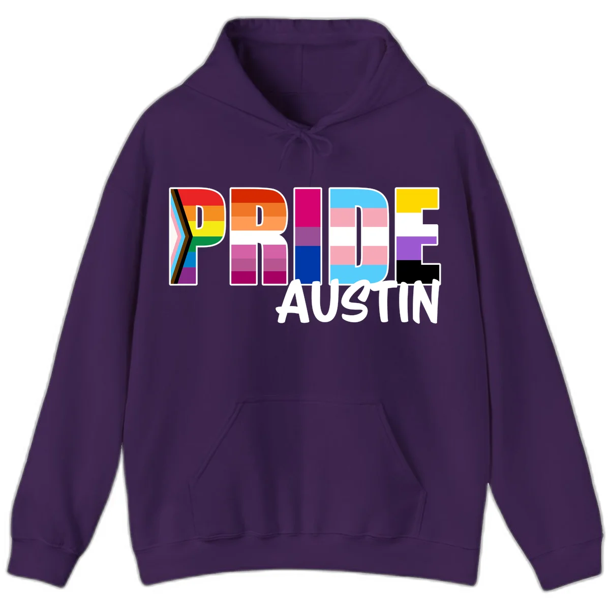 Pride Austin design with rainbow-filled block letters incorporating multiple LGBTQ+ pride flag colors and patterns in Purple