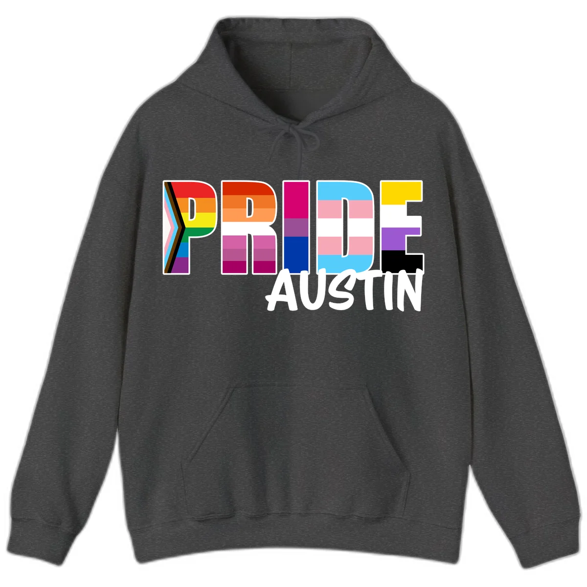 Pride Austin design with rainbow-filled block letters incorporating multiple LGBTQ+ pride flag colors and patterns in Dark Heather