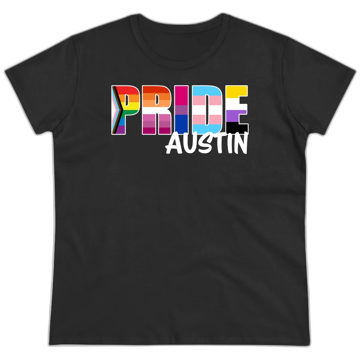 Pride Austin design with rainbow-filled block letters incorporating multiple LGBTQ+ pride flag colors and patterns in Black