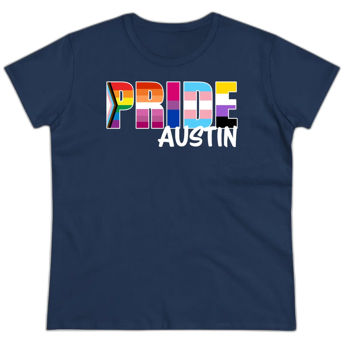 Pride Austin design with rainbow-filled block letters incorporating multiple LGBTQ+ pride flag colors and patterns in Navy
