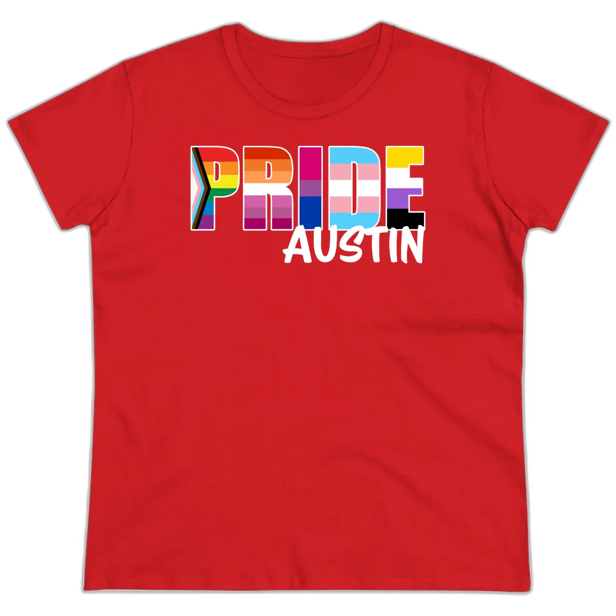 Pride Austin design with rainbow-filled block letters incorporating multiple LGBTQ+ pride flag colors and patterns in Red