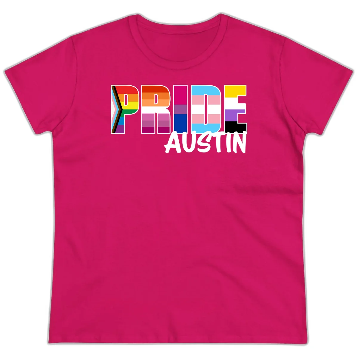 Pride Austin design with rainbow-filled block letters incorporating multiple LGBTQ+ pride flag colors and patterns in Heliconia