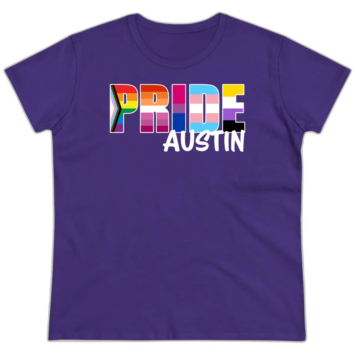 Pride Austin design with rainbow-filled block letters incorporating multiple LGBTQ+ pride flag colors and patterns in Purple