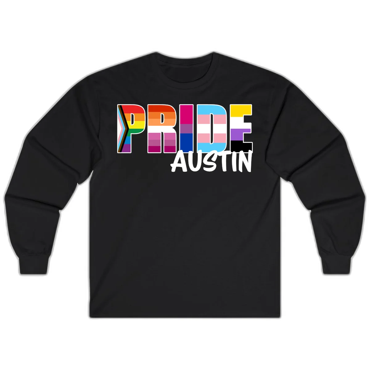 Pride Austin design with rainbow-filled block letters incorporating multiple LGBTQ+ pride flag colors and patterns in Black