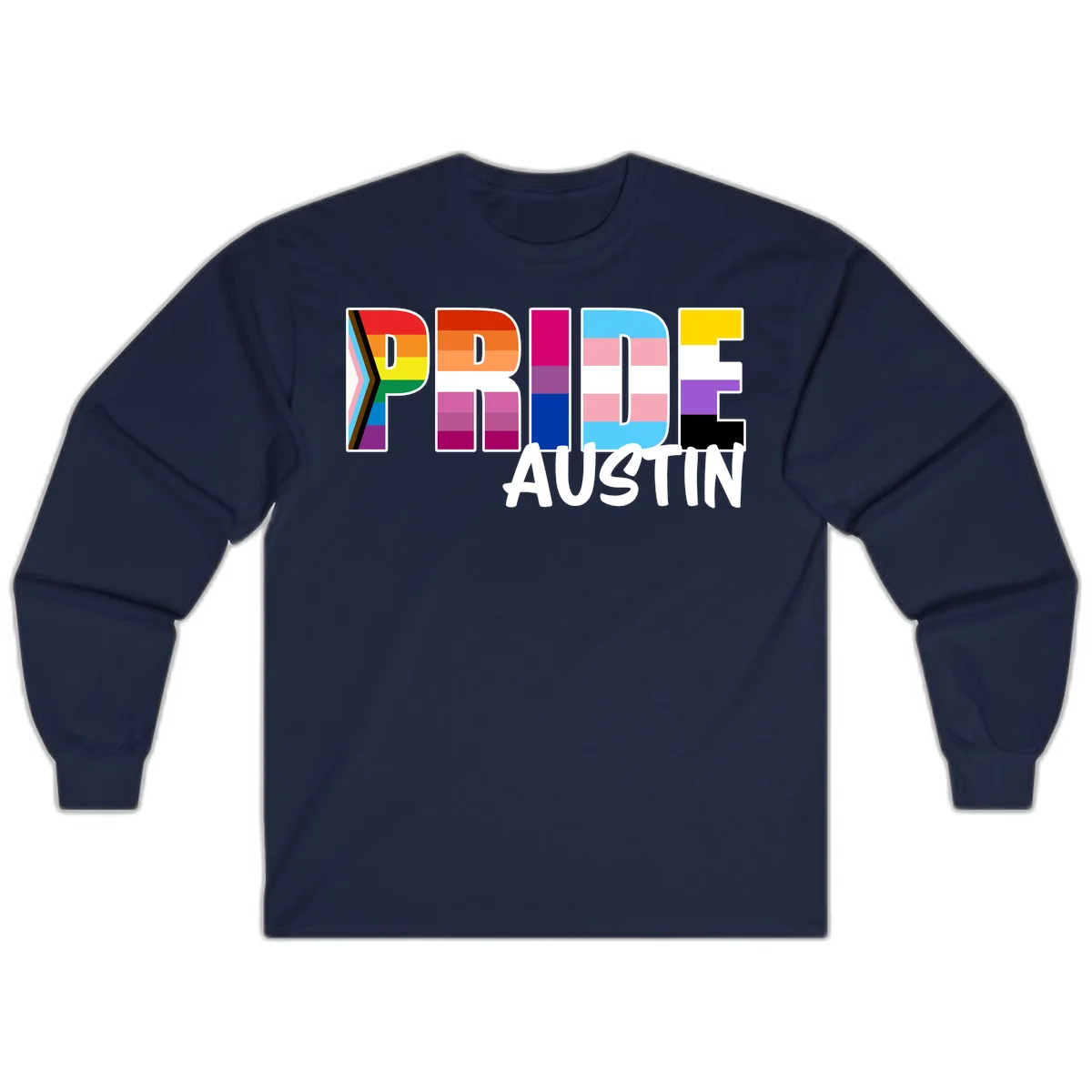 Pride Austin design with rainbow-filled block letters incorporating multiple LGBTQ+ pride flag colors and patterns in Navy