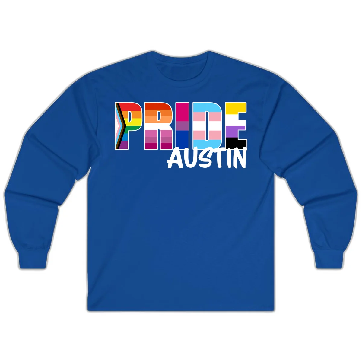 Pride Austin design with rainbow-filled block letters incorporating multiple LGBTQ+ pride flag colors and patterns in Royal