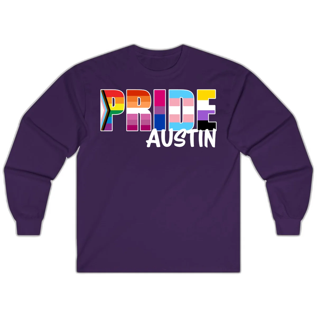 Pride Austin design with rainbow-filled block letters incorporating multiple LGBTQ+ pride flag colors and patterns in Purple