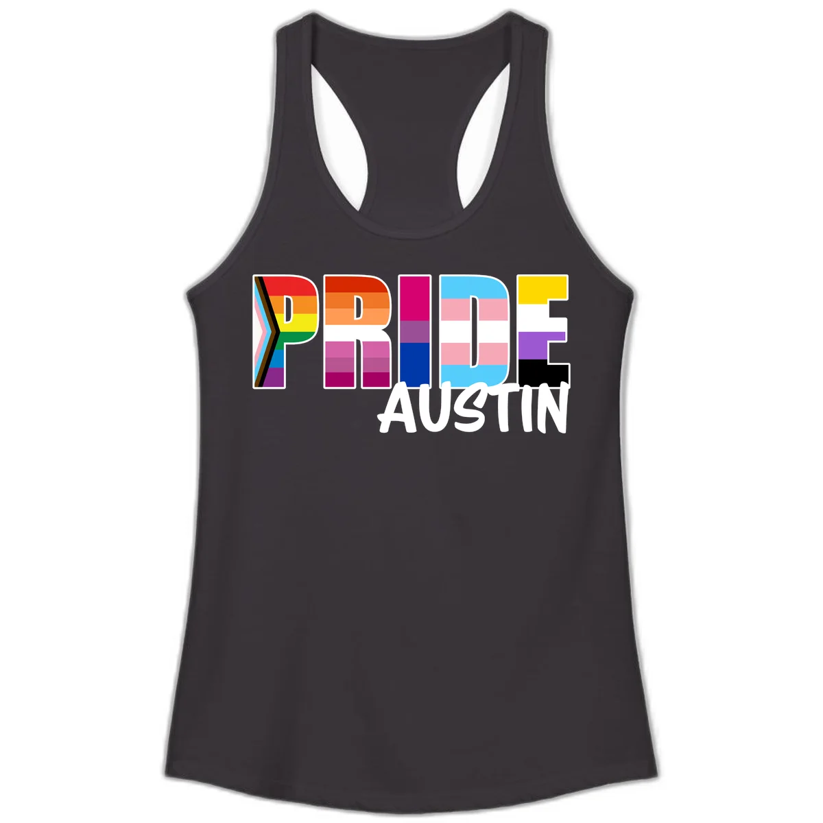 Pride Austin design with rainbow-filled block letters incorporating multiple LGBTQ+ pride flag colors and patterns in Black