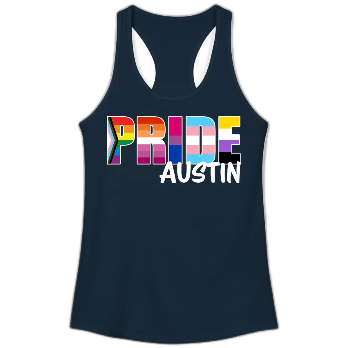 Pride Austin design with rainbow-filled block letters incorporating multiple LGBTQ+ pride flag colors and patterns in Solid Midnight Navy