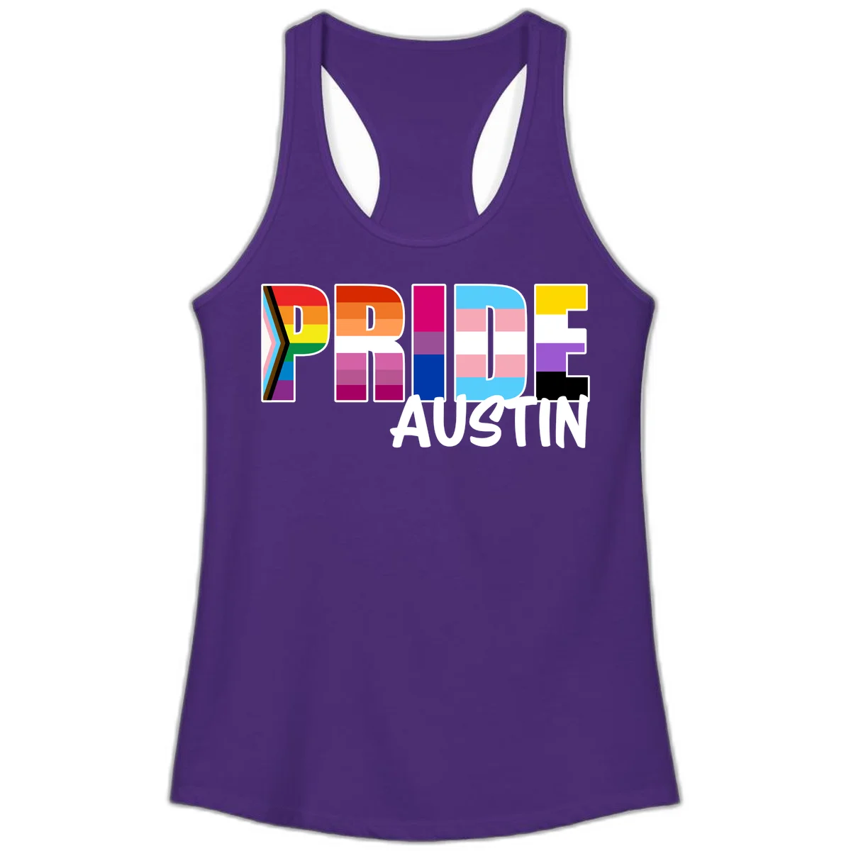 Pride Austin design with rainbow-filled block letters incorporating multiple LGBTQ+ pride flag colors and patterns in Solid Purple Rush