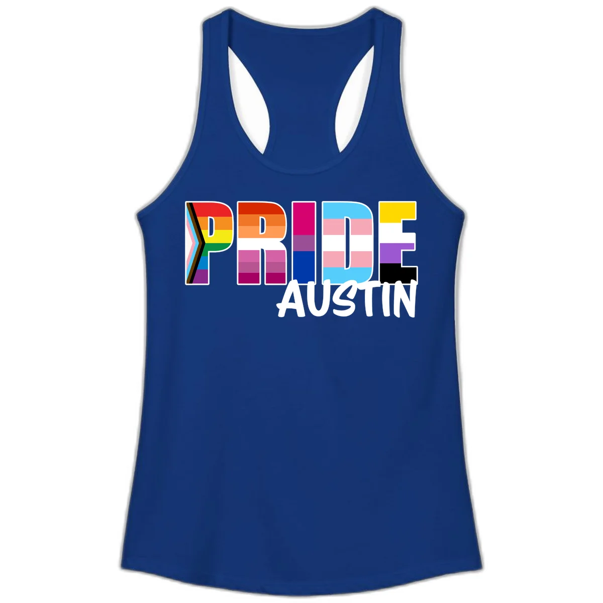 Pride Austin design with rainbow-filled block letters incorporating multiple LGBTQ+ pride flag colors and patterns in Solid Royal