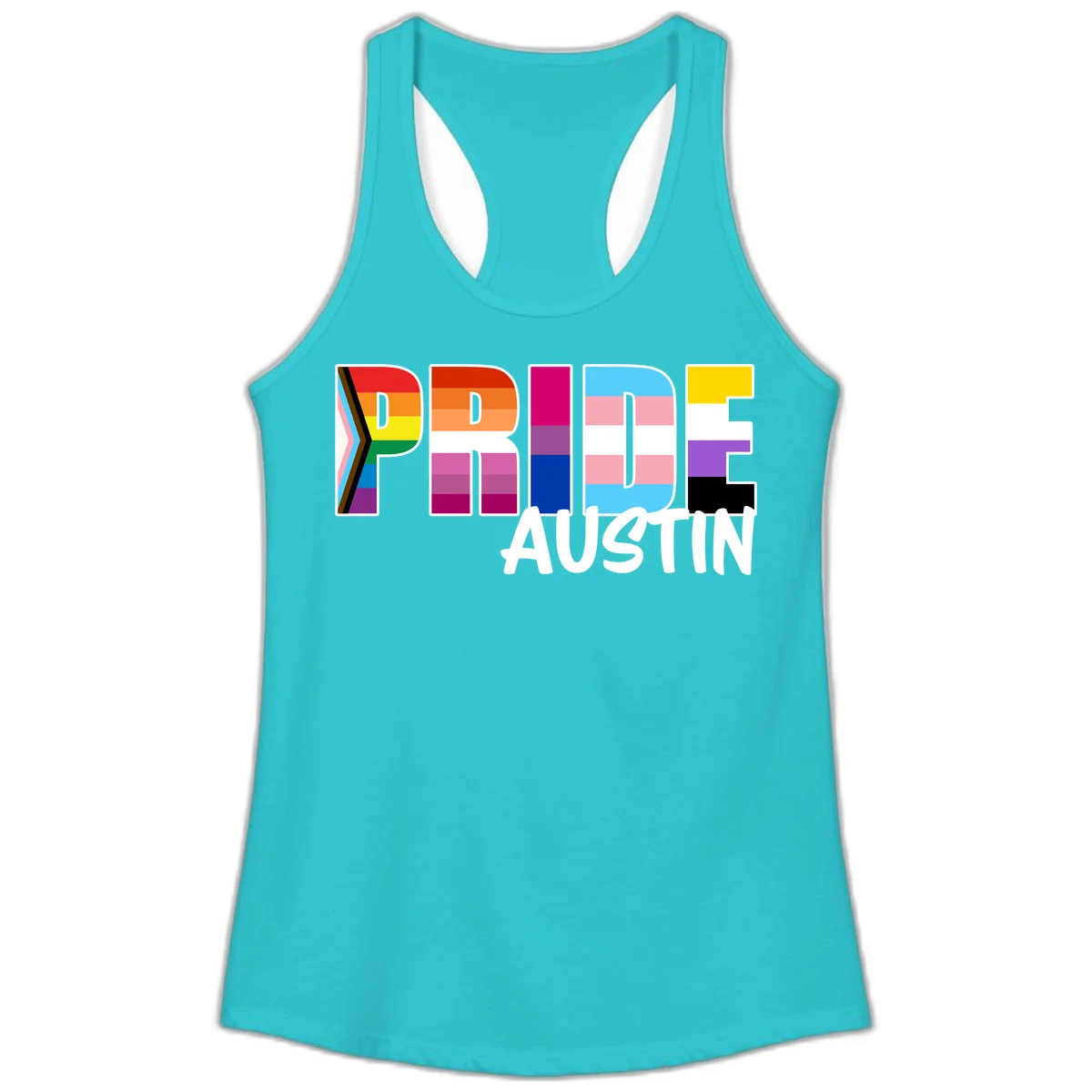 Pride Austin design with rainbow-filled block letters incorporating multiple LGBTQ+ pride flag colors and patterns in Solid Tahiti Blue