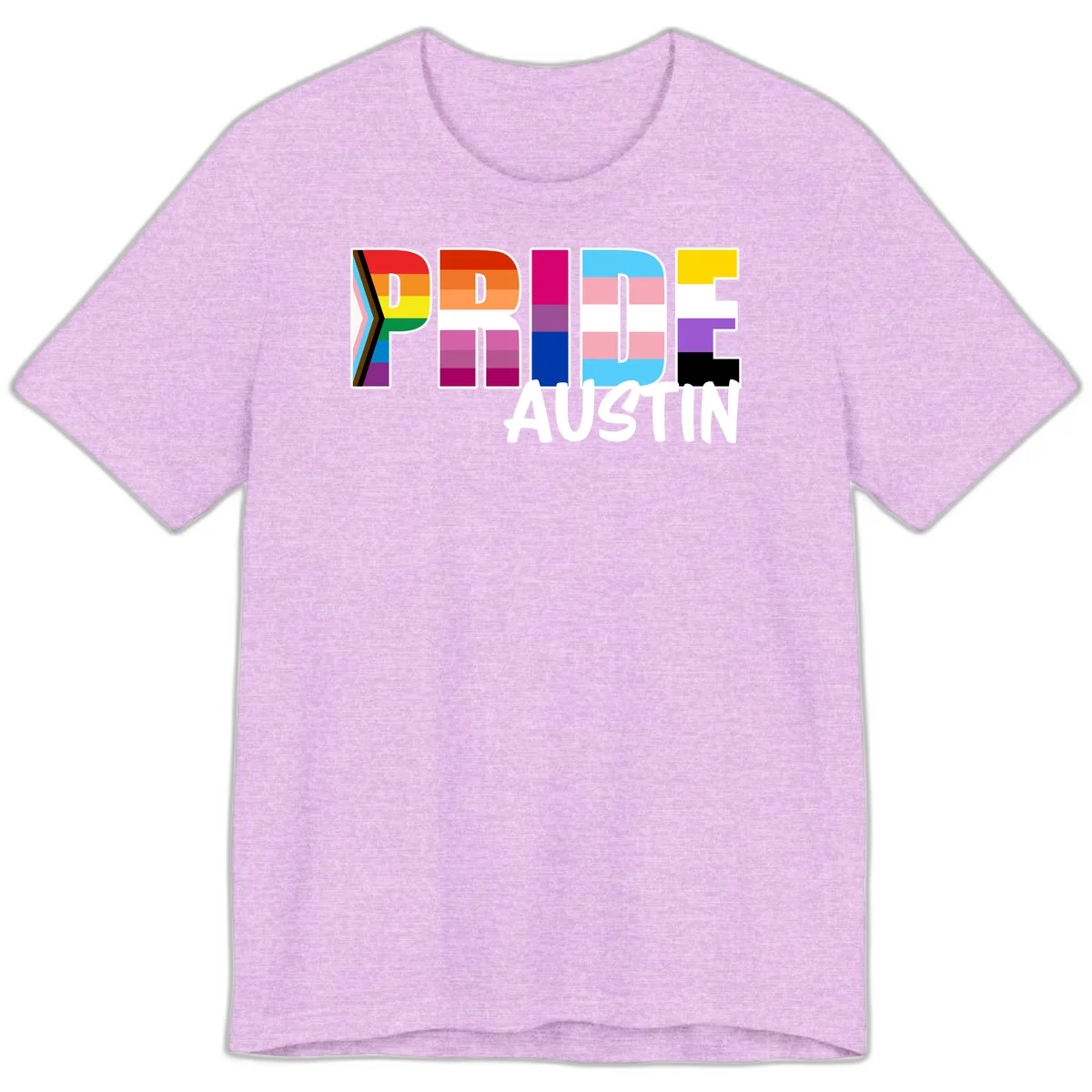 Pride Austin design with rainbow-filled block letters incorporating multiple LGBTQ+ pride flag colors and patterns in Heather Prism Lilac