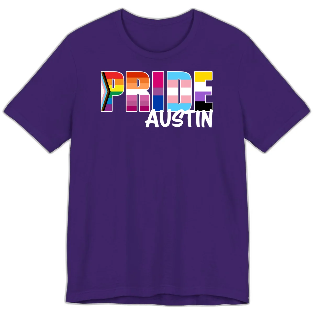 Pride Austin design with rainbow-filled block letters incorporating multiple LGBTQ+ pride flag colors and patterns in Team Purple