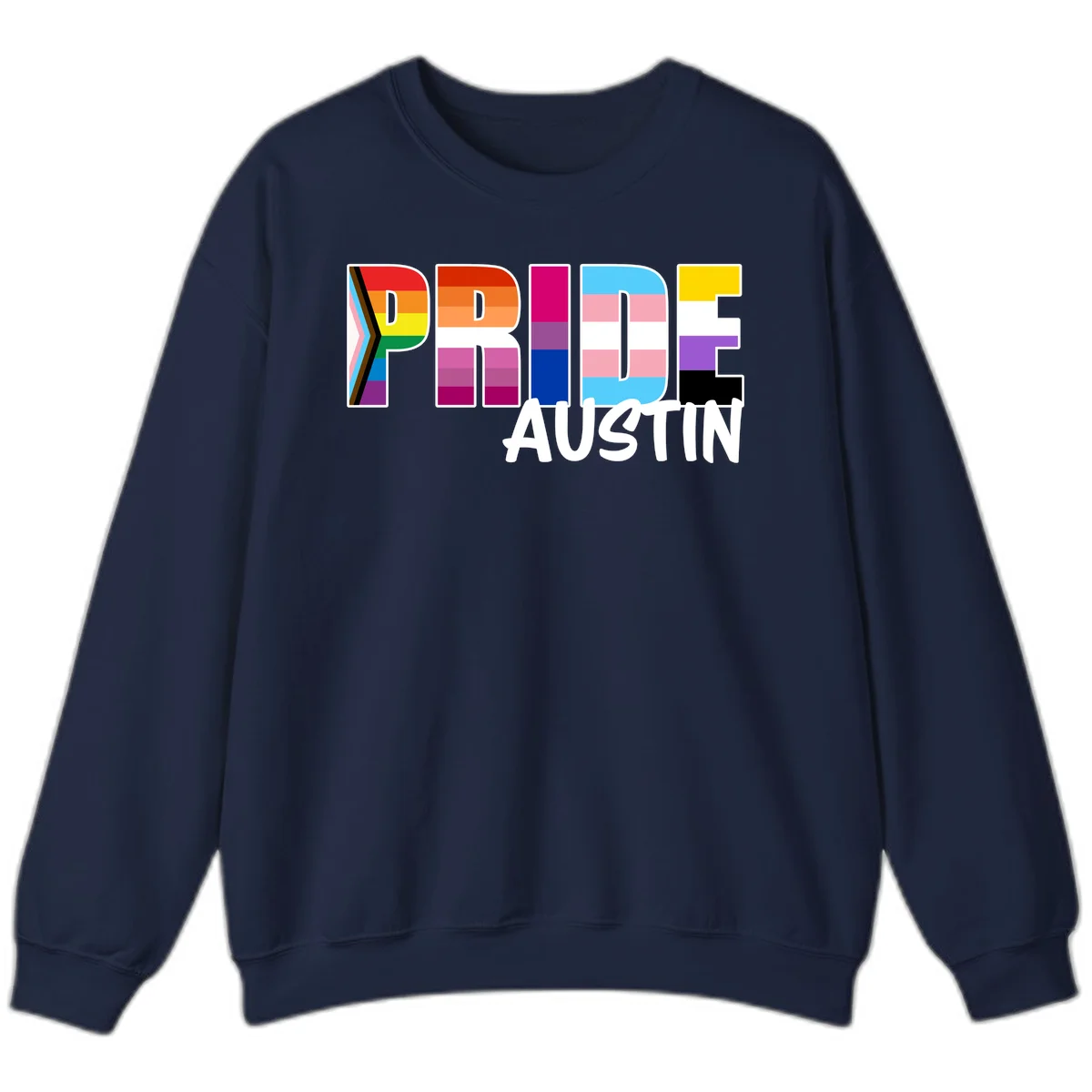 Pride Austin design with rainbow-filled block letters incorporating multiple LGBTQ+ pride flag colors and patterns in Navy