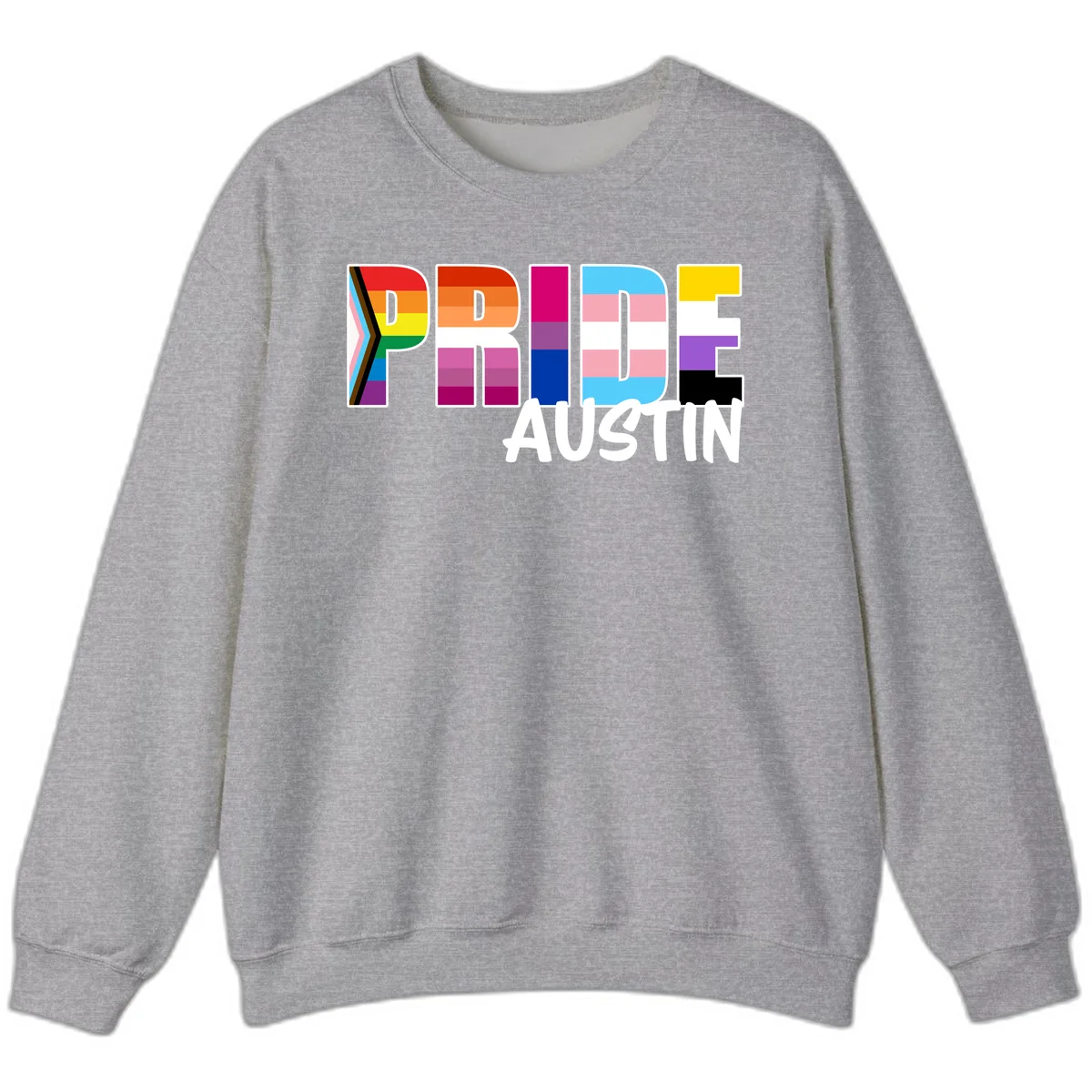 Pride Austin design with rainbow-filled block letters incorporating multiple LGBTQ+ pride flag colors and patterns in Sport Grey