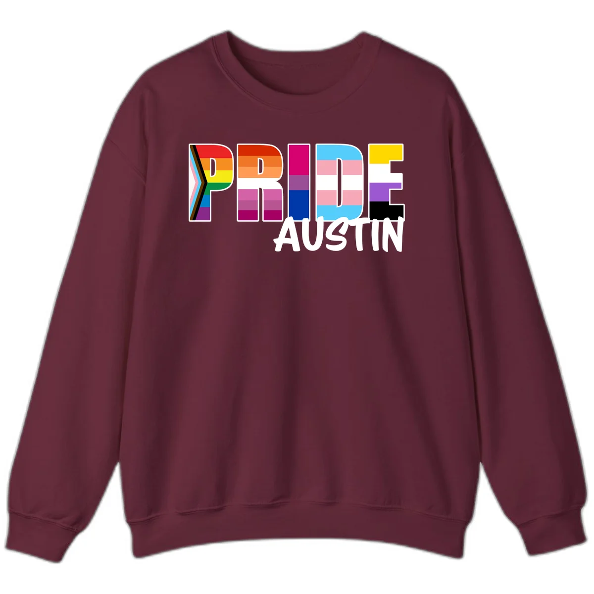 Pride Austin design with rainbow-filled block letters incorporating multiple LGBTQ+ pride flag colors and patterns in Maroon