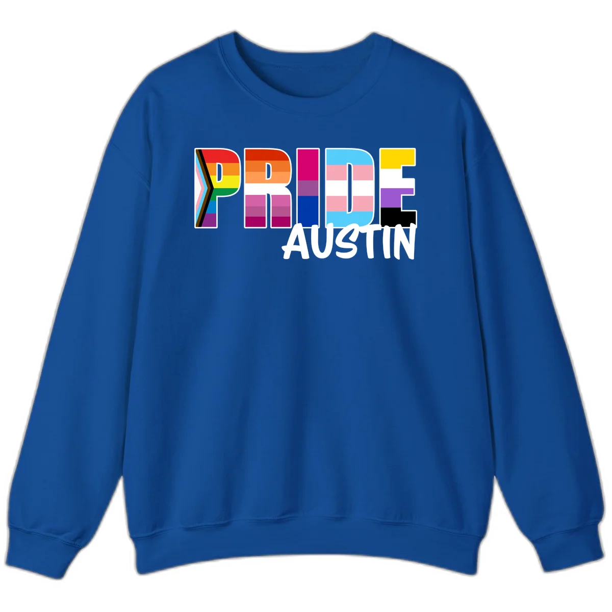 Pride Austin design with rainbow-filled block letters incorporating multiple LGBTQ+ pride flag colors and patterns in Royal
