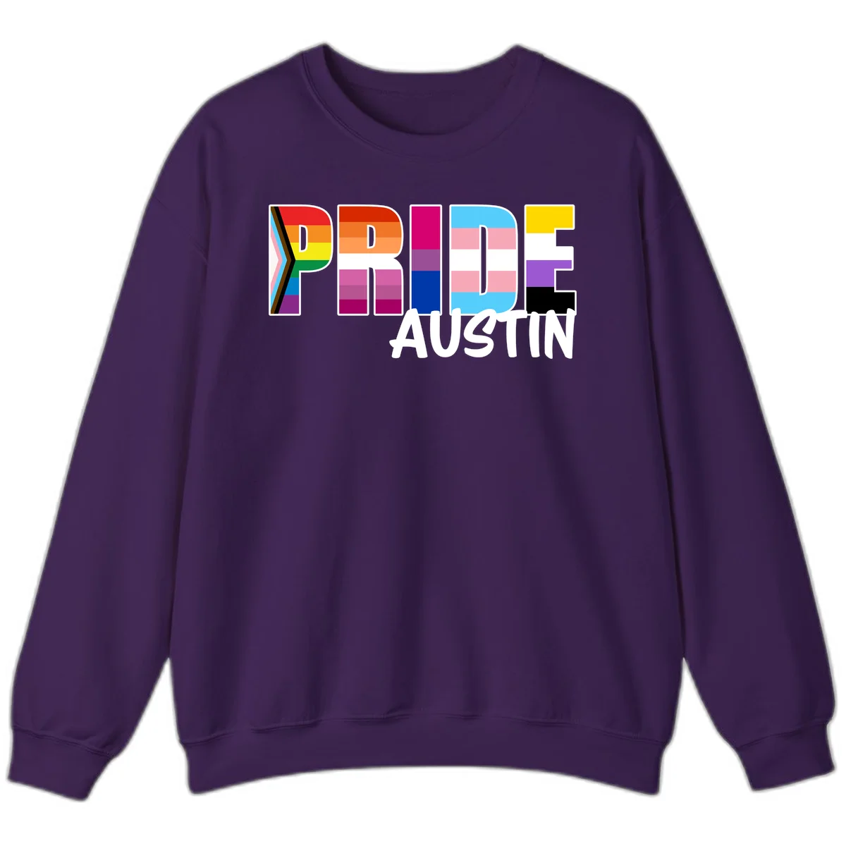 Pride Austin design with rainbow-filled block letters incorporating multiple LGBTQ+ pride flag colors and patterns in Purple