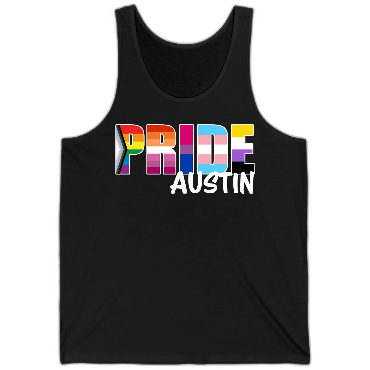 Pride Austin design with rainbow-filled block letters incorporating multiple LGBTQ+ pride flag colors and patterns in Black