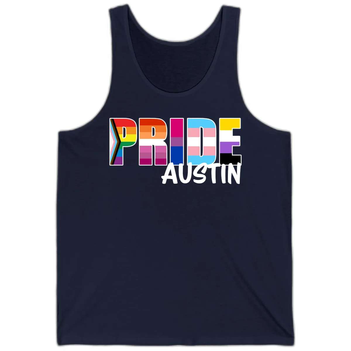 Pride Austin design with rainbow-filled block letters incorporating multiple LGBTQ+ pride flag colors and patterns in Navy