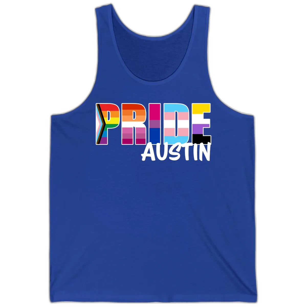 Pride Austin design with rainbow-filled block letters incorporating multiple LGBTQ+ pride flag colors and patterns in True Royal