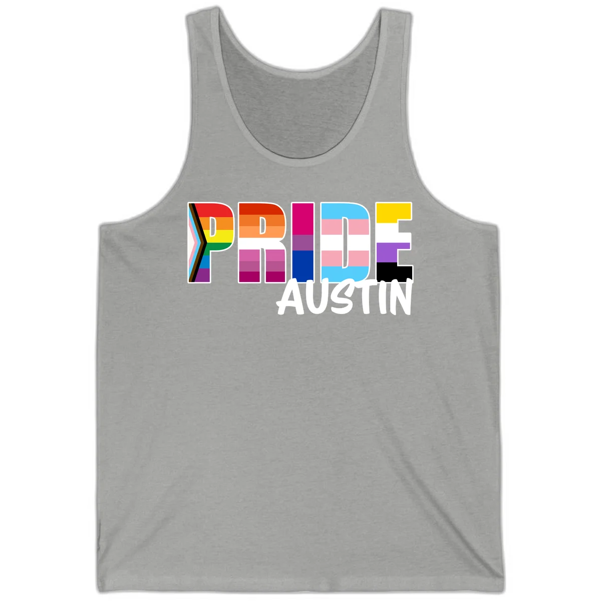 Pride Austin design with rainbow-filled block letters incorporating multiple LGBTQ+ pride flag colors and patterns in Athletic Heather