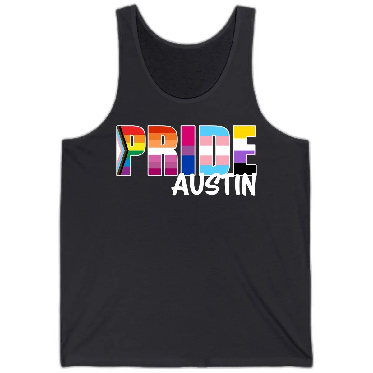 Pride Austin design with rainbow-filled block letters incorporating multiple LGBTQ+ pride flag colors and patterns in Dark Grey