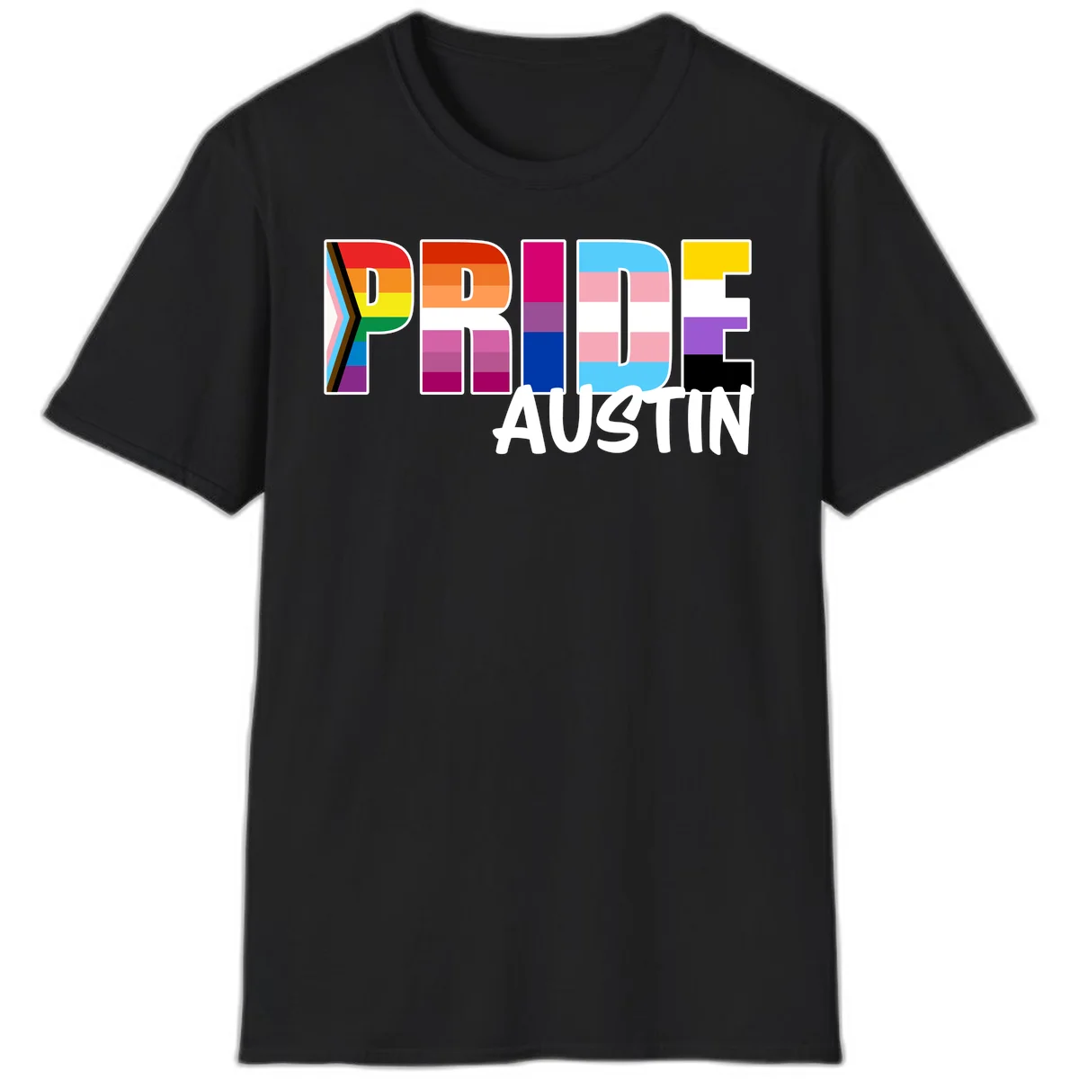 Pride Austin design with rainbow-filled block letters incorporating multiple LGBTQ+ pride flag colors and patterns in Black