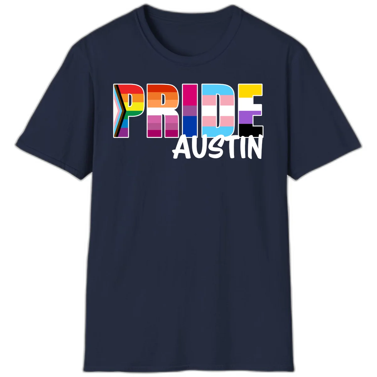 Pride Austin design with rainbow-filled block letters incorporating multiple LGBTQ+ pride flag colors and patterns in Navy