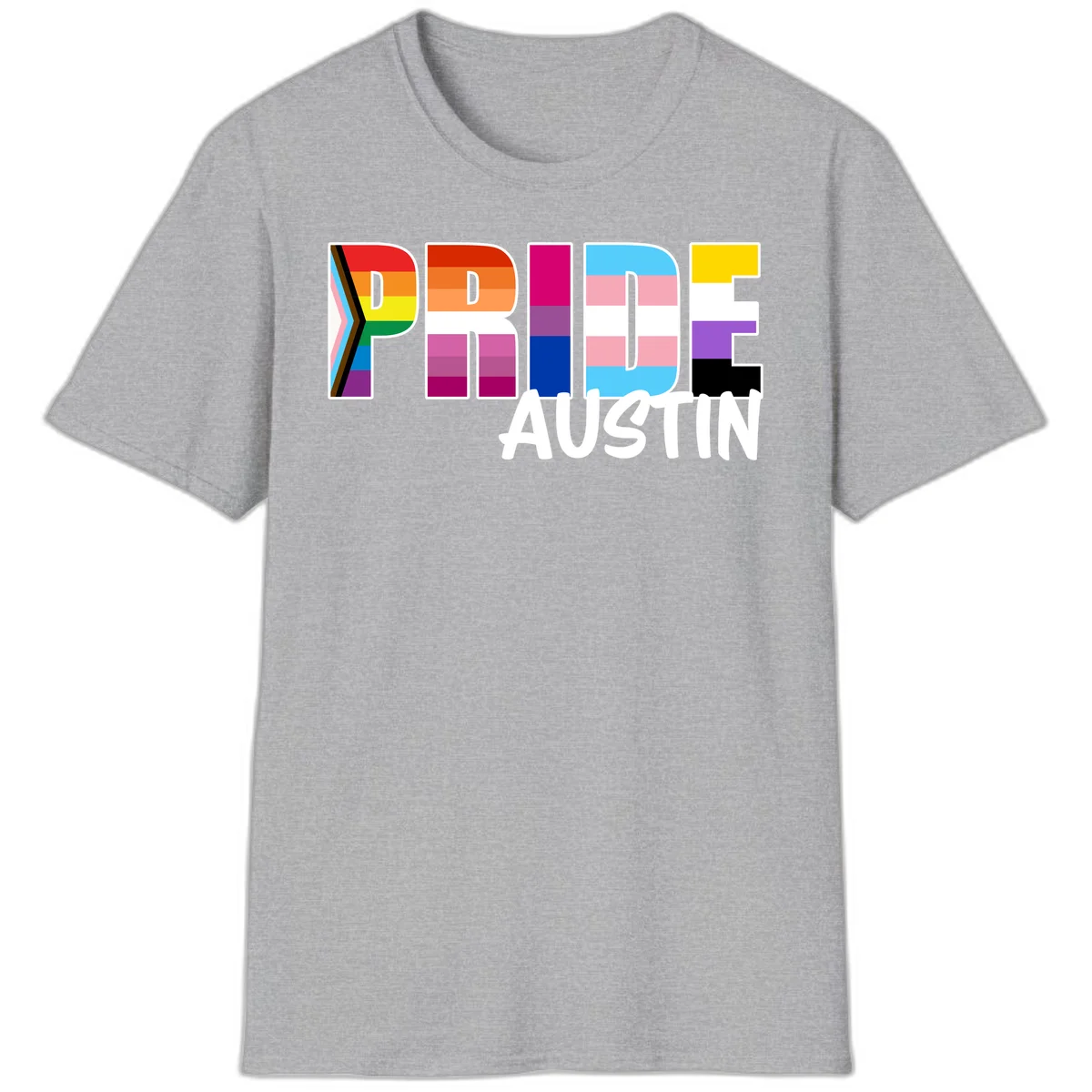 Pride Austin design with rainbow-filled block letters incorporating multiple LGBTQ+ pride flag colors and patterns in Sport Grey