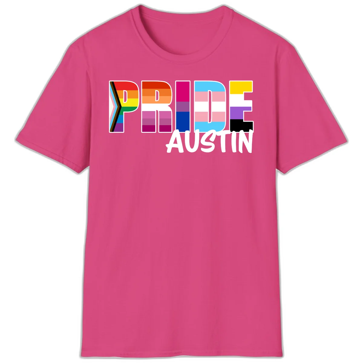 Pride Austin design with rainbow-filled block letters incorporating multiple LGBTQ+ pride flag colors and patterns in Heliconia