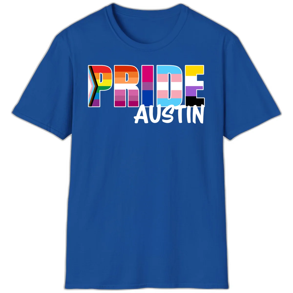 Pride Austin design with rainbow-filled block letters incorporating multiple LGBTQ+ pride flag colors and patterns in Royal