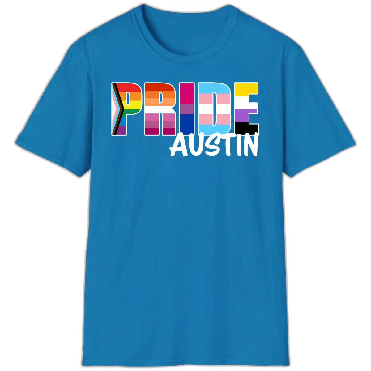 Pride Austin design with rainbow-filled block letters incorporating multiple LGBTQ+ pride flag colors and patterns in Sapphire