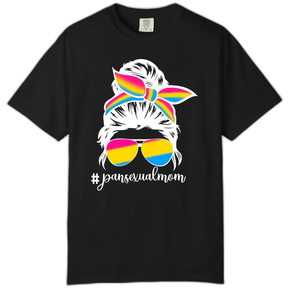 Illustrated pansexual mom pride design featuring a bearded figure with white hair wearing rainbow sunglasses and bow with #pansexualmom hashtag in Black