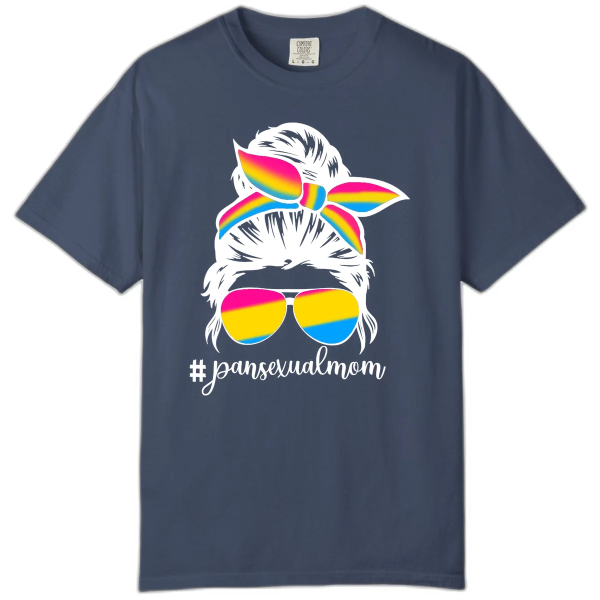 Illustrated pansexual mom pride design featuring a bearded figure with white hair wearing rainbow sunglasses and bow with #pansexualmom hashtag in Midnight