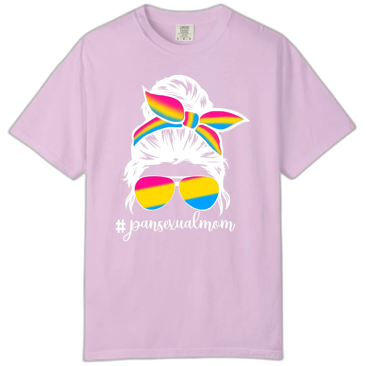 Illustrated pansexual mom pride design featuring a bearded figure with white hair wearing rainbow sunglasses and bow with #pansexualmom hashtag in Orchid
