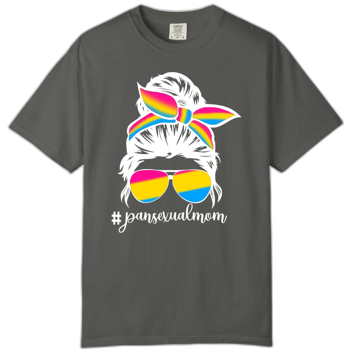 Illustrated pansexual mom pride design featuring a bearded figure with white hair wearing rainbow sunglasses and bow with #pansexualmom hashtag in Pepper