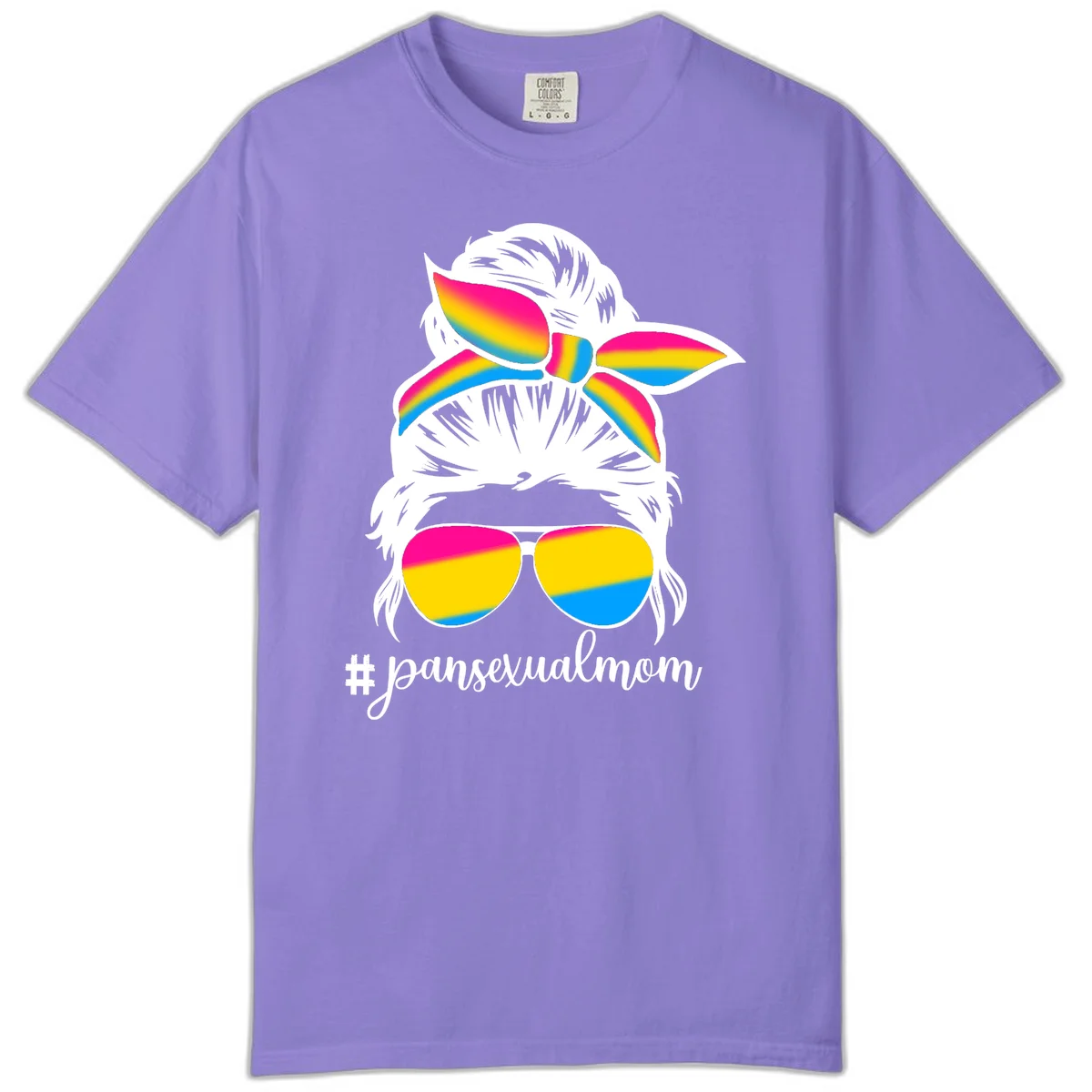 Illustrated pansexual mom pride design featuring a bearded figure with white hair wearing rainbow sunglasses and bow with #pansexualmom hashtag in Violet