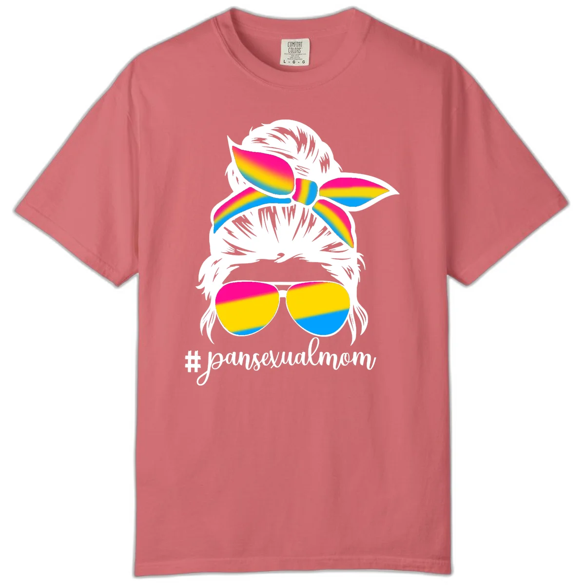Illustrated pansexual mom pride design featuring a bearded figure with white hair wearing rainbow sunglasses and bow with #pansexualmom hashtag in Watermelon