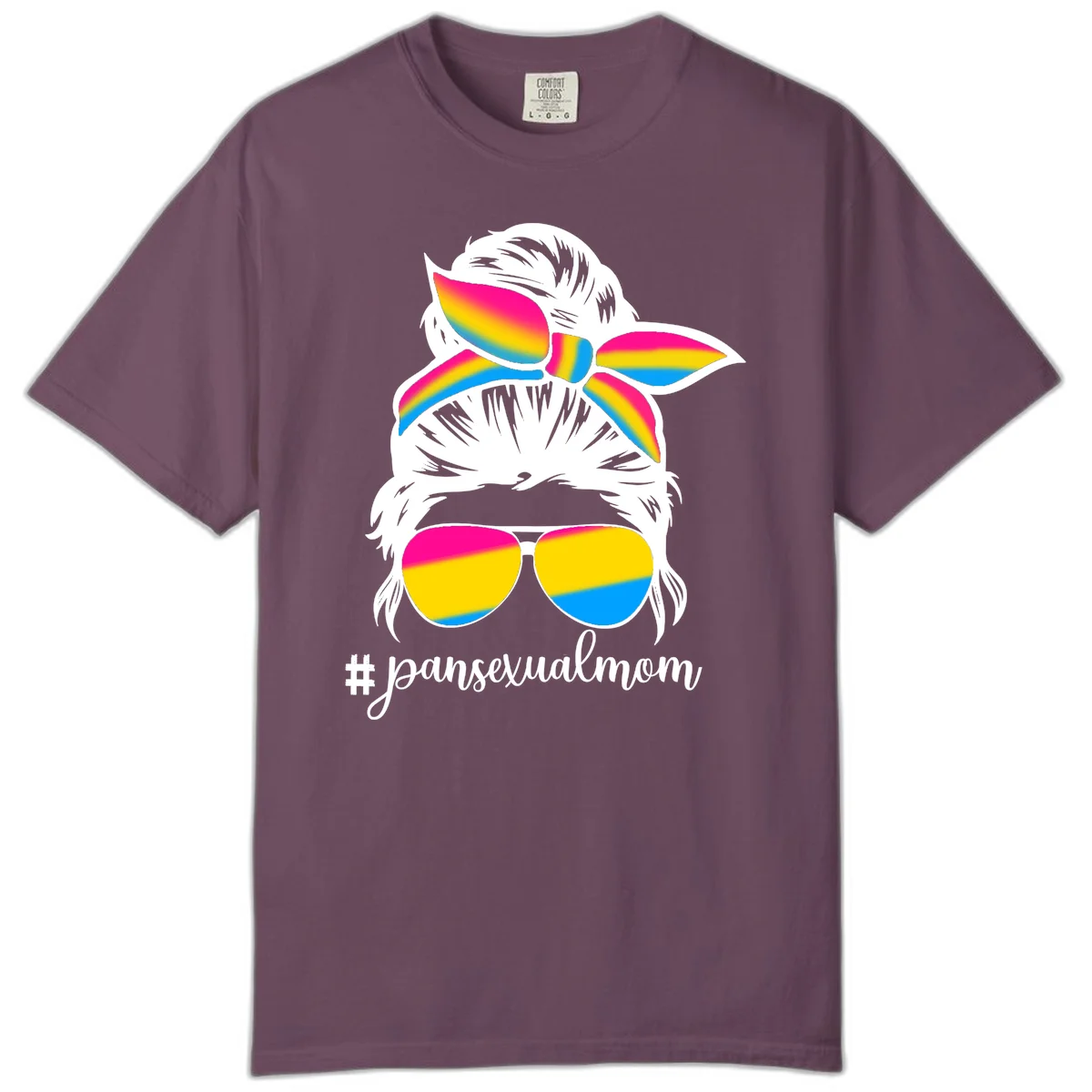 Illustrated pansexual mom pride design featuring a bearded figure with white hair wearing rainbow sunglasses and bow with #pansexualmom hashtag in Berry