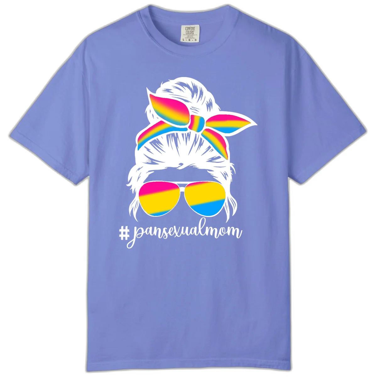 Illustrated pansexual mom pride design featuring a bearded figure with white hair wearing rainbow sunglasses and bow with #pansexualmom hashtag in Flo Blue