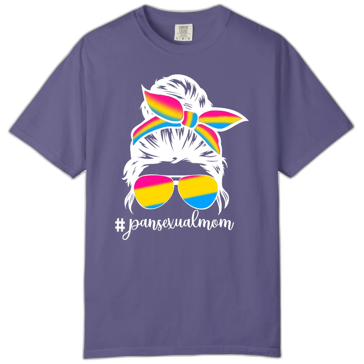 Illustrated pansexual mom pride design featuring a bearded figure with white hair wearing rainbow sunglasses and bow with #pansexualmom hashtag in Grape