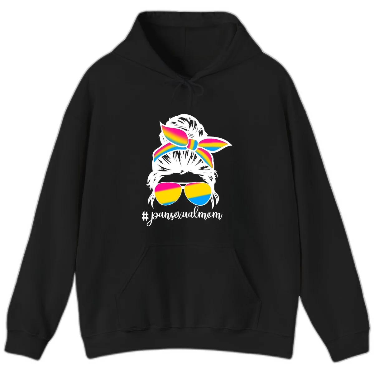 Illustrated pansexual mom pride design featuring a bearded figure with white hair wearing rainbow sunglasses and bow with #pansexualmom hashtag in Black