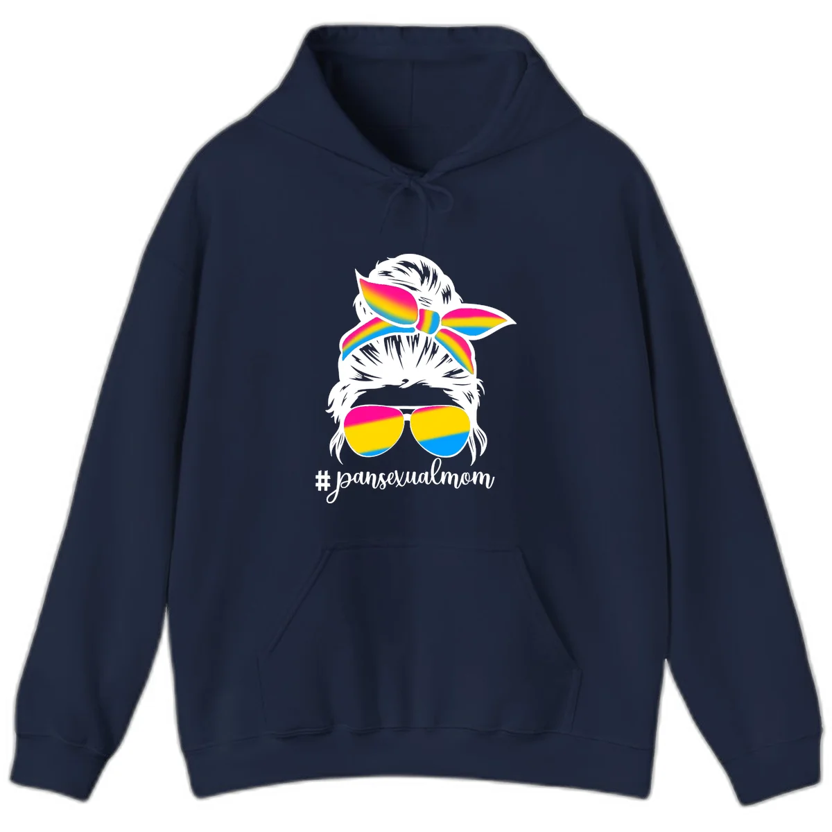 Illustrated pansexual mom pride design featuring a bearded figure with white hair wearing rainbow sunglasses and bow with #pansexualmom hashtag in Navy